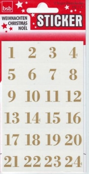 Schmucketiketten Adventskalender goldene Zahlen 1-24, 2 Serien à 24 Zahlen